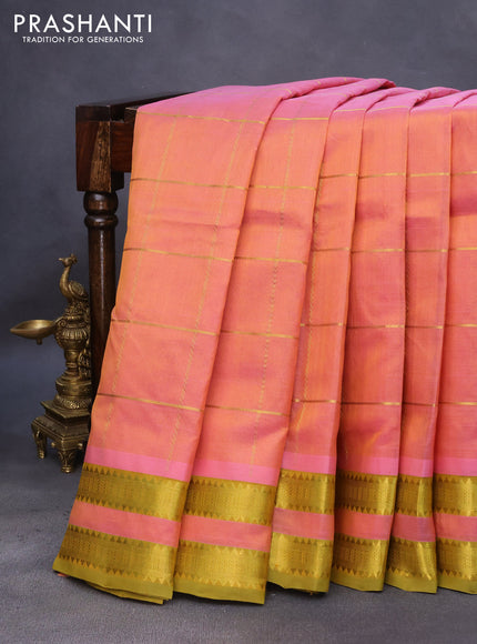 10 Yards silk cotton saree dual shade pink and mustard shade with allover zari checks pattern and rettapet zari woven border