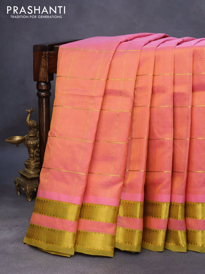 10 Yards silk cotton saree dual shade pink and mustard shade with allover zari checks pattern and rettapet zari woven border