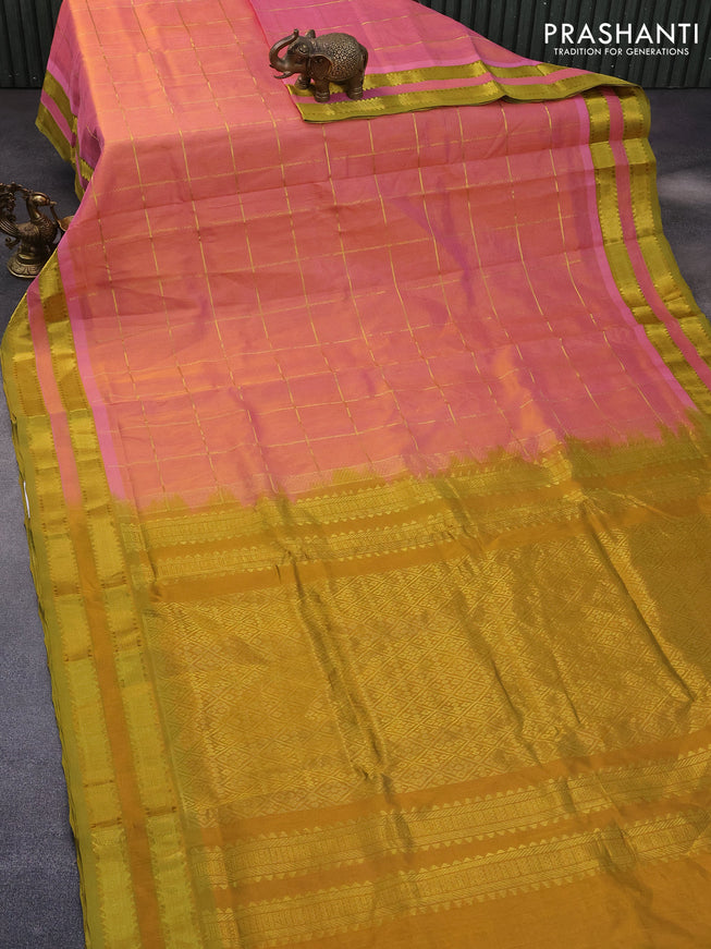 10 Yards silk cotton saree dual shade pink and mustard shade with allover zari checks pattern and rettapet zari woven border