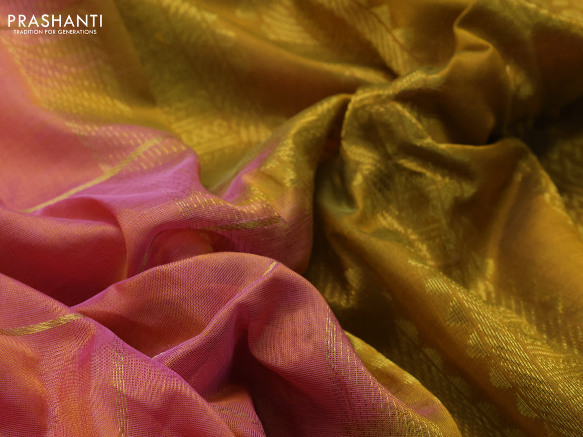 10 Yards silk cotton saree dual shade pink and mustard shade with allover zari checks pattern and rettapet zari woven border