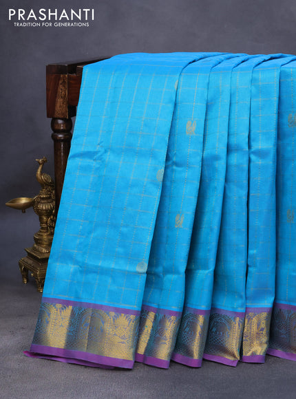 10 Yards silk cotton saree teal blue and purple with allover zari checks pattern & buttas and zari woven border