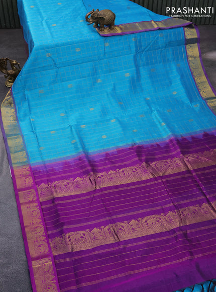 10 Yards silk cotton saree teal blue and purple with allover zari checks pattern & buttas and zari woven border