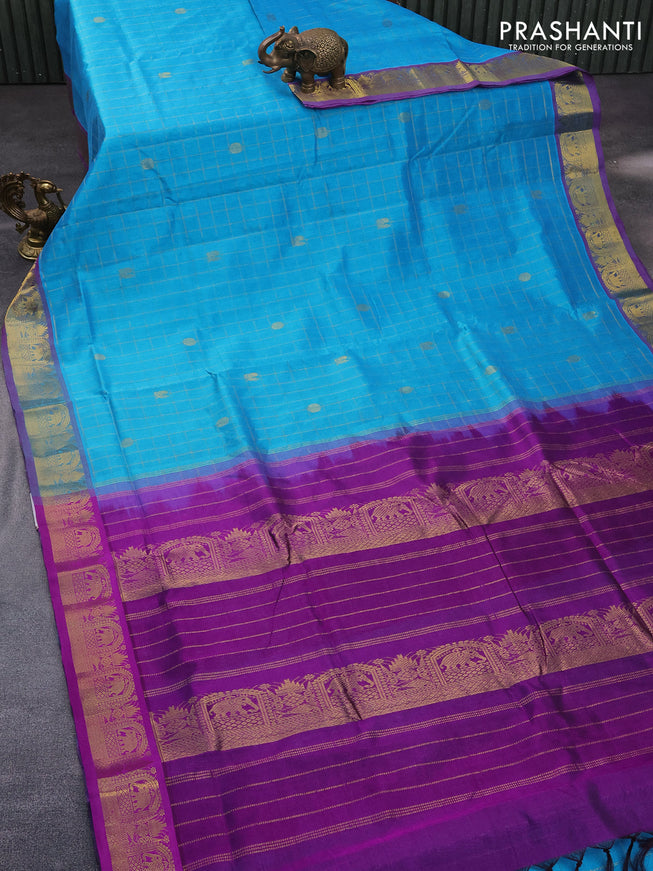 10 Yards silk cotton saree teal blue and purple with allover zari checks pattern & buttas and zari woven border