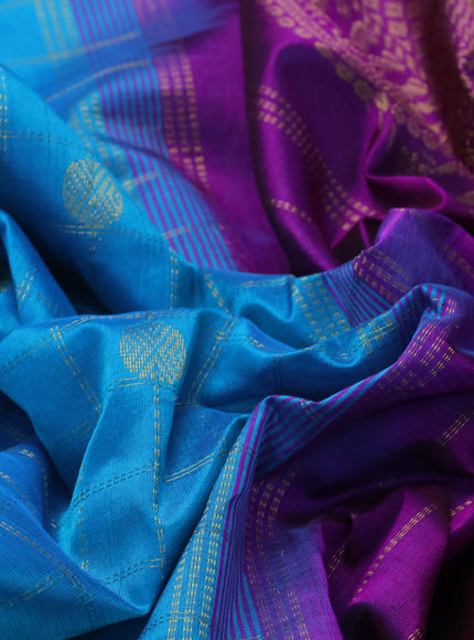 10 Yards silk cotton saree teal blue and purple with allover zari checks pattern & buttas and zari woven border