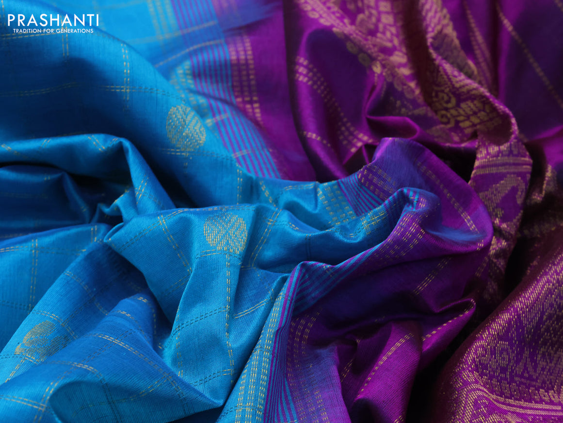 10 Yards silk cotton saree teal blue and purple with allover zari checks pattern & buttas and zari woven border