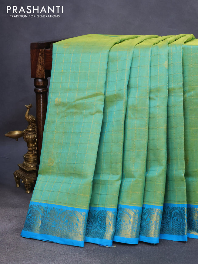 10 Yards silk cotton saree light green and cs blue with allover zari checks pattern & buttas and zari woven border