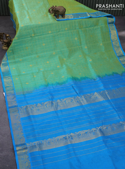 10 Yards silk cotton saree light green and cs blue with allover zari checks pattern & buttas and zari woven border