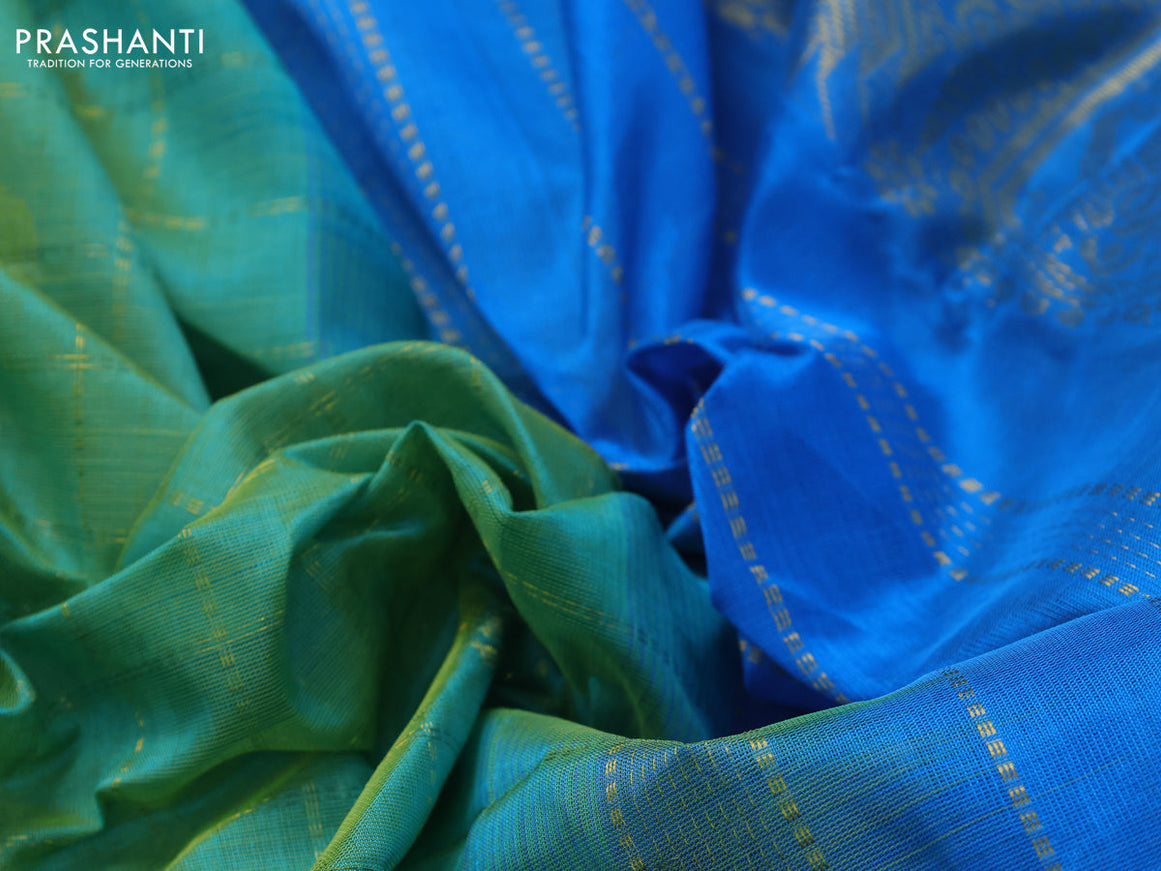 10 Yards silk cotton saree light green and cs blue with allover zari checks pattern & buttas and zari woven border