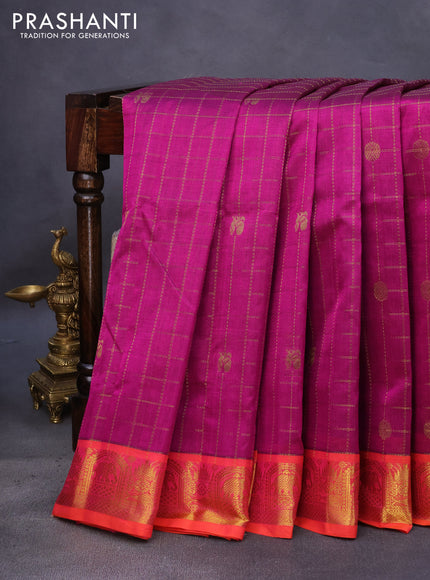 10 Yards silk cotton saree magenta pink and dual shade of pinkish orange with allover zari checks pattern & buttas and zari woven border