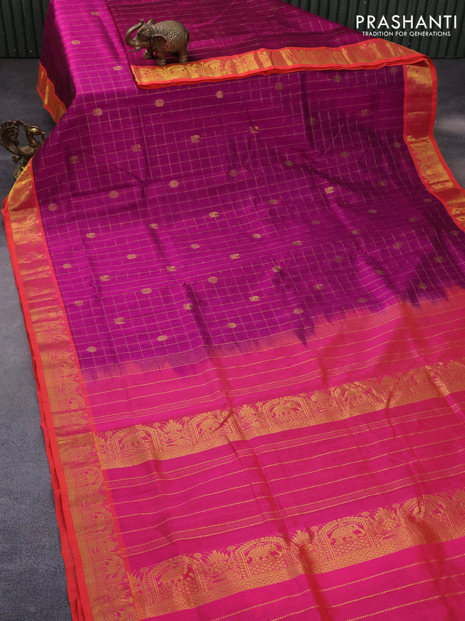 10 Yards silk cotton saree magenta pink and dual shade of pinkish orange with allover zari checks pattern & buttas and zari woven border