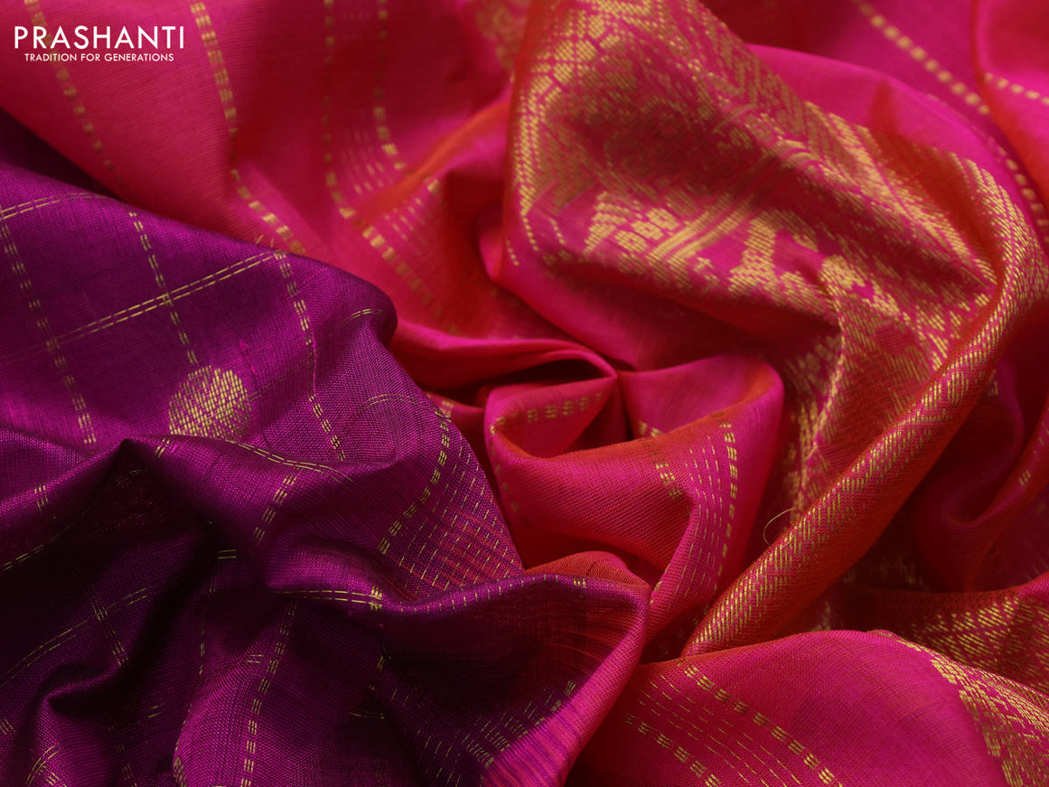 10 Yards silk cotton saree magenta pink and dual shade of pinkish orange with allover zari checks pattern & buttas and zari woven border