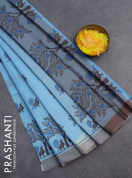 Chirala cotton saree blue shade and pastel brown with annam butta prints and simple border