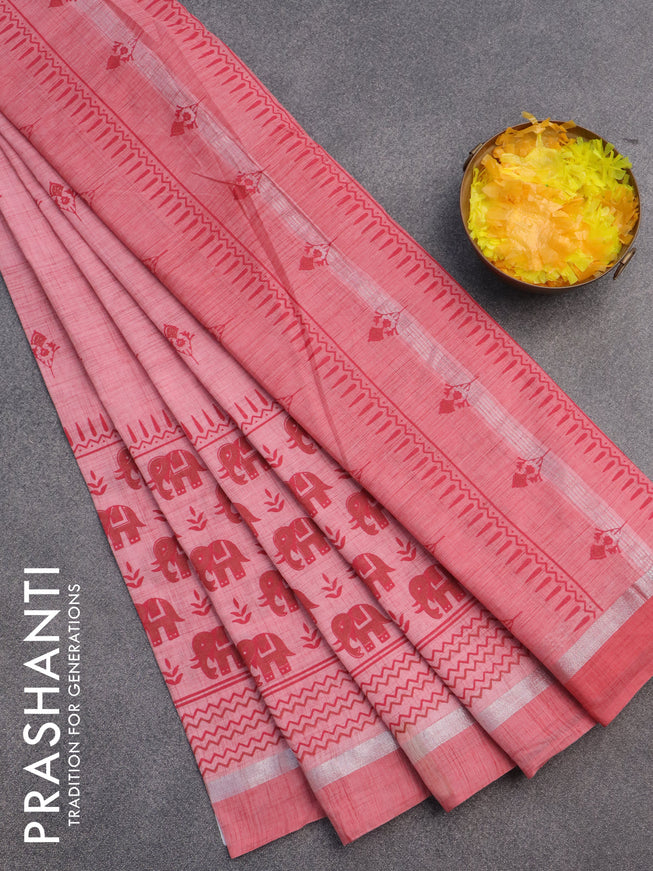 Chirala cotton saree peach pink with butta prints and silver zari woven simple border