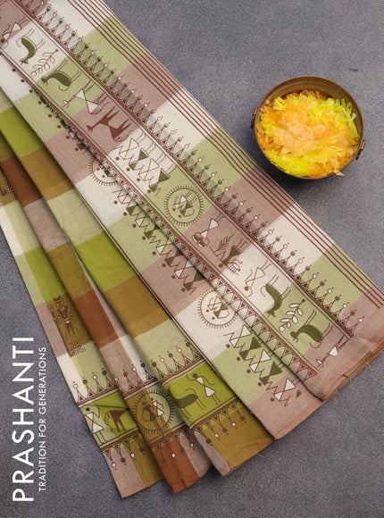 Chirala cotton saree mehendi green and brown with butta prints and printed border