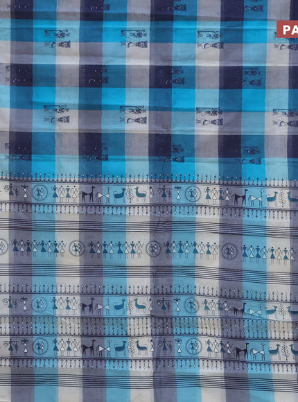 Chirala cotton saree teal blue and cream with butta prints and printed border