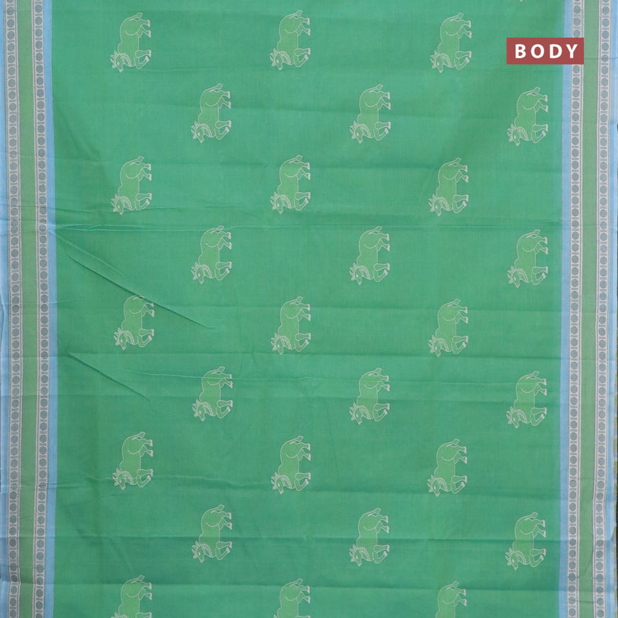 Chirala cotton saree teal green shade and light blue with butta prints and printed border