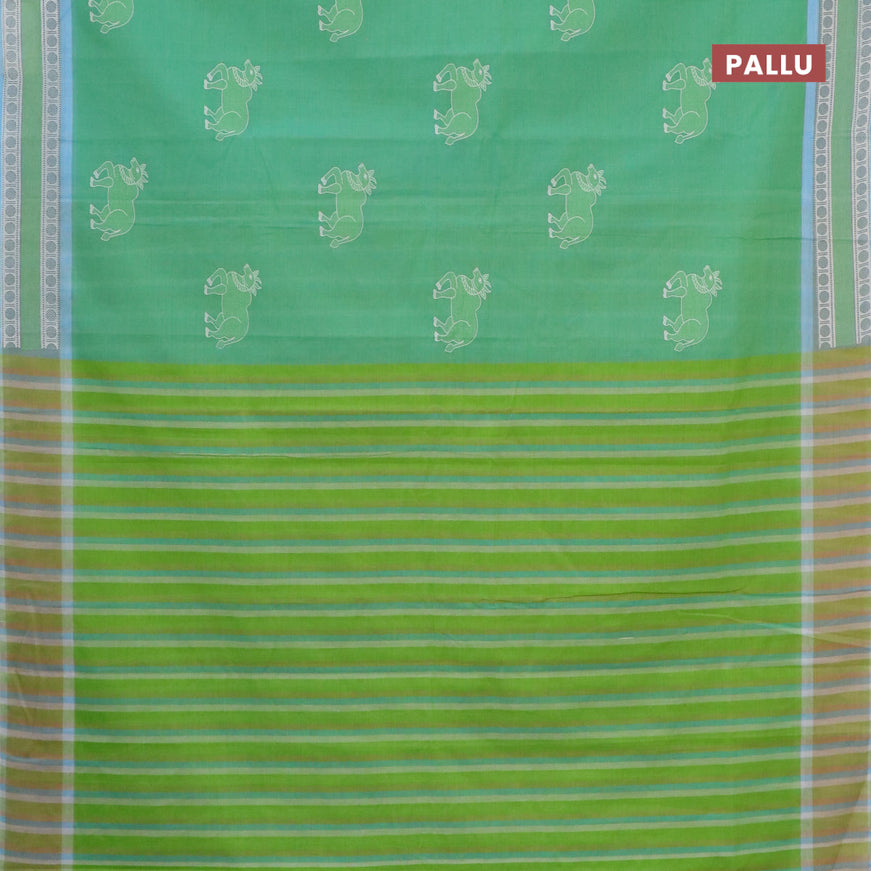 Chirala cotton saree teal green shade and light blue with butta prints and printed border