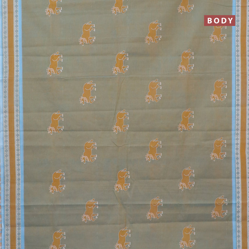 Chirala cotton saree dual shade of mustard and light blue with butta prints and printed border