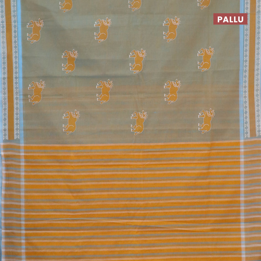 Chirala cotton saree dual shade of mustard and light blue with butta prints and printed border