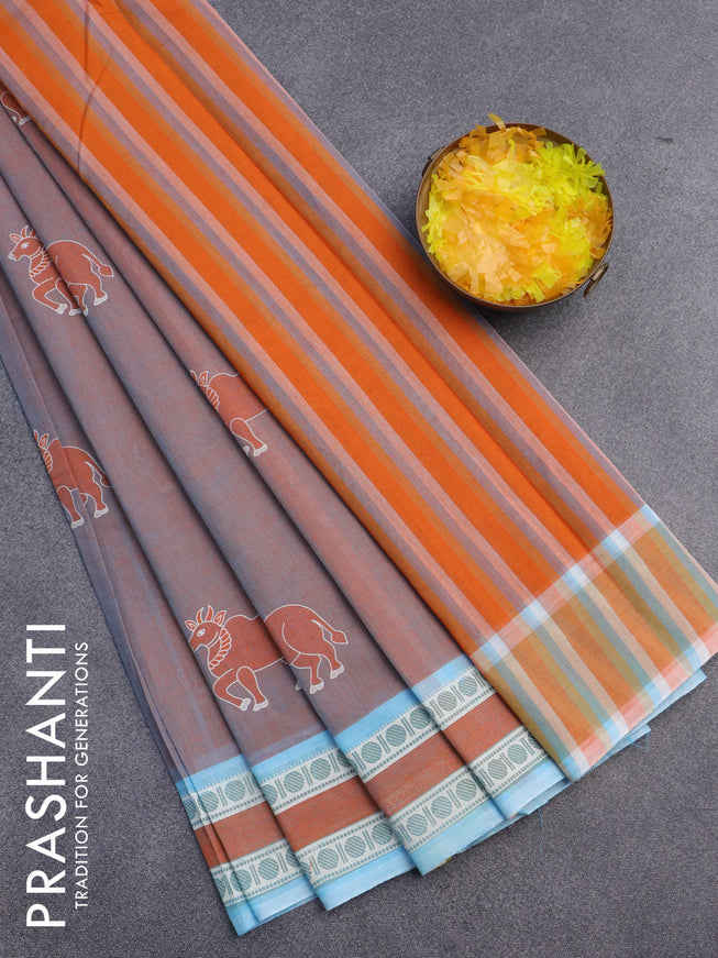 Chirala cotton saree dual shade of rust and light blue with butta prints and printed border