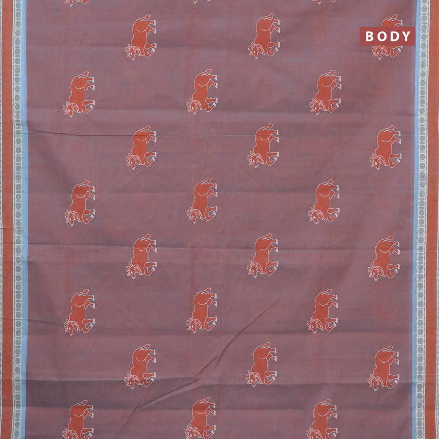 Chirala cotton saree dual shade of rust and light blue with butta prints and printed border