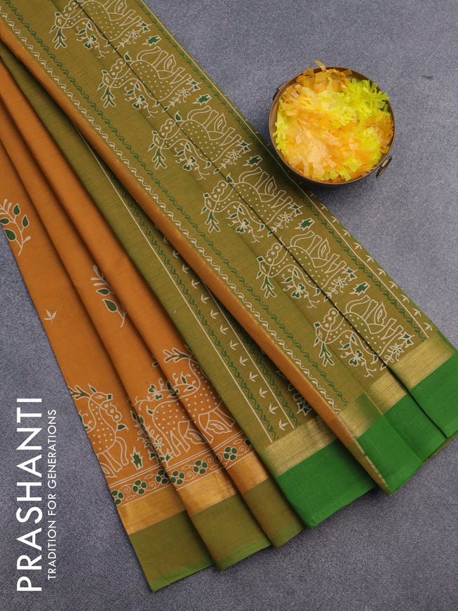 Chirala cotton saree mustard yellow and green with butta prints and zari woven simple border