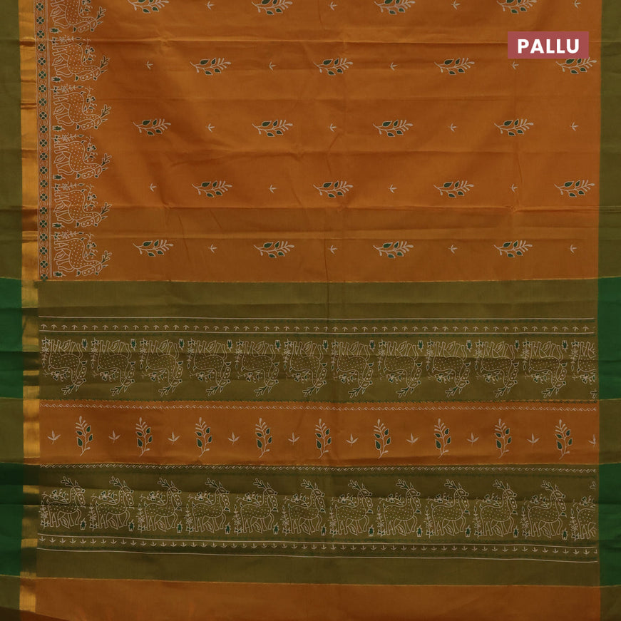 Chirala cotton saree mustard yellow and green with butta prints and zari woven simple border