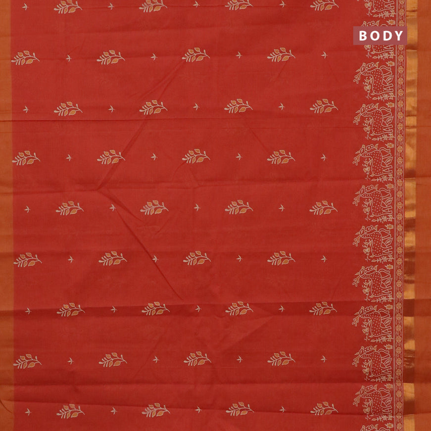 Chirala cotton saree rustic orange and mustard with butta prints and zari woven simple border