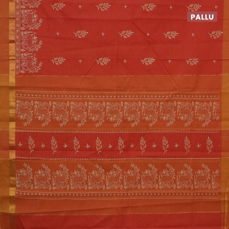 Chirala cotton saree rustic orange and mustard with butta prints and zari woven simple border