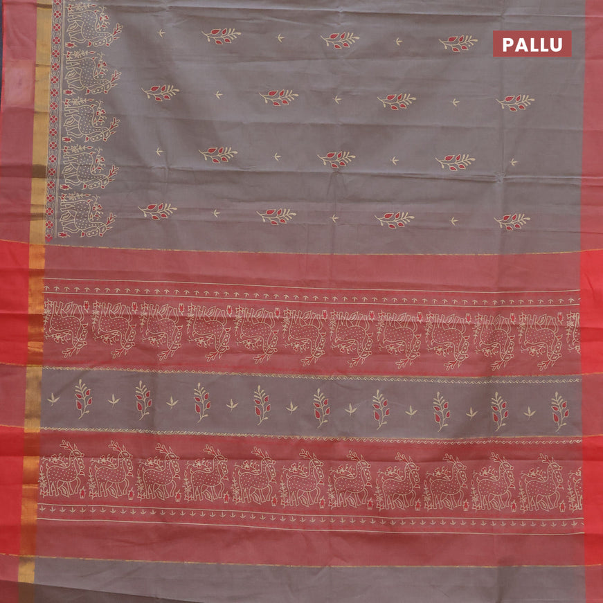 Chirala cotton saree grey and red shade with butta prints and zari woven simple border