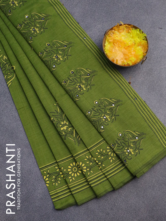 Chirala cotton saree green with floral butta prints and printed border