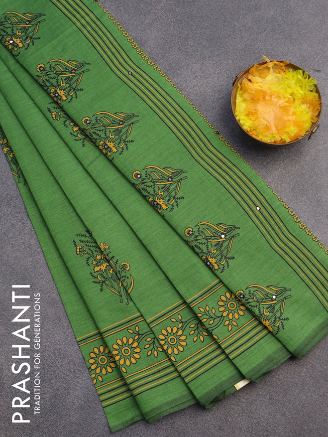 Chirala cotton saree green with floral butta prints and printed border