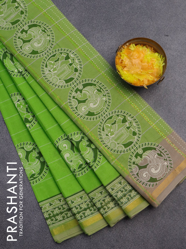 Chirala cotton saree light green with butta prints and small zari woven border