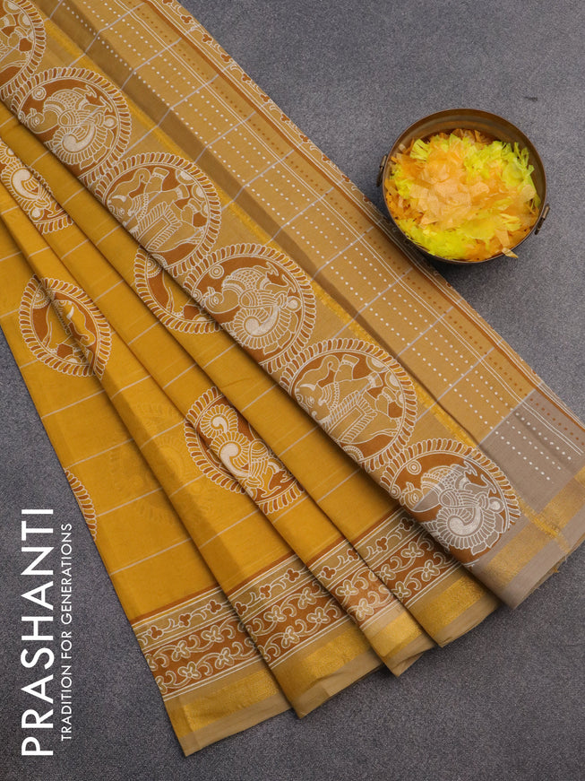 Chirala cotton saree mango yellow with butta prints and small zari woven border