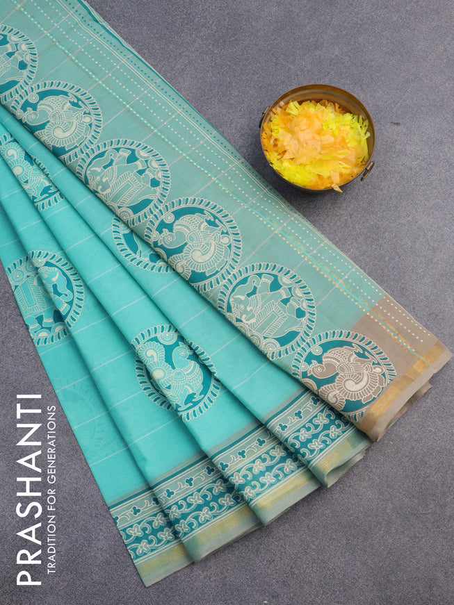 Chirala cotton saree teal shade with butta prints and small zari woven border