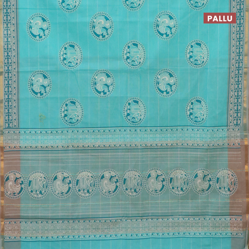 Chirala cotton saree teal shade with butta prints and small zari woven border