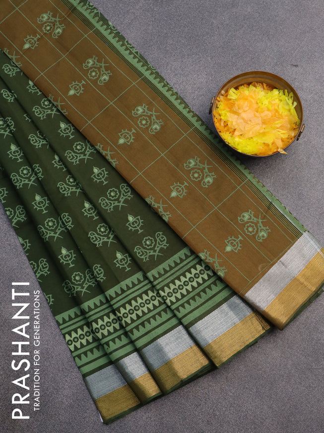 Chirala cotton saree dark sap green with butta prints and zari woven border