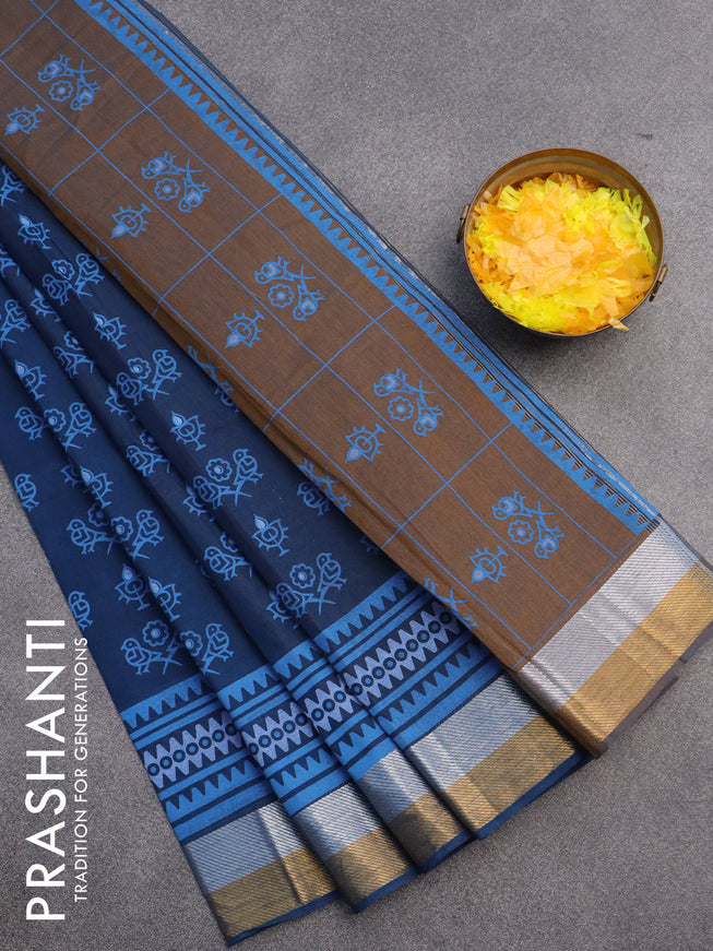 Chirala cotton saree peacock blue with butta prints and zari woven border