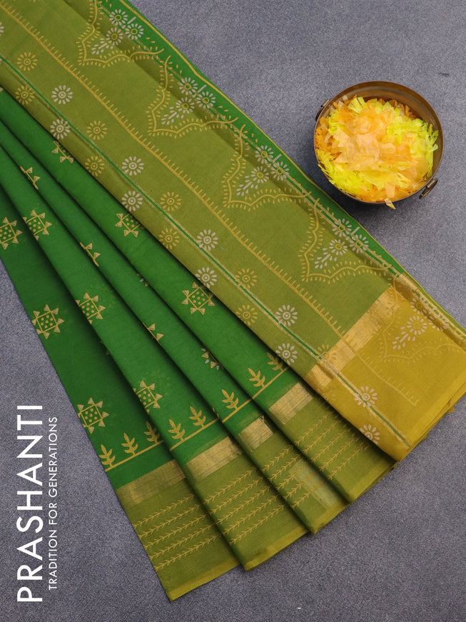 Chirala cotton saree green and mustard yellow with butta prints and zari woven border