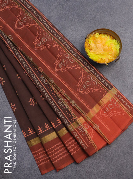 Chirala cotton saree brown and rustic orange with butta prints and zari woven border