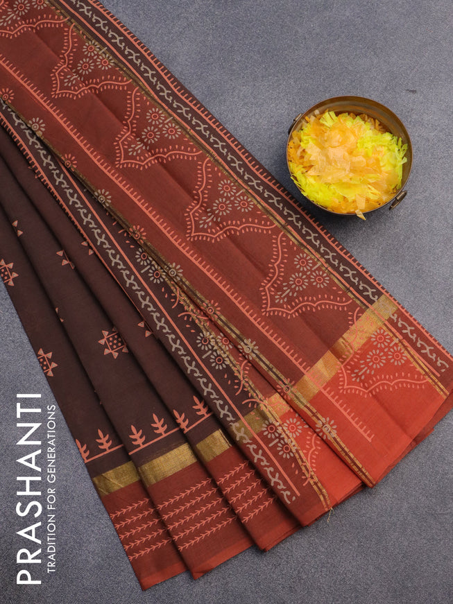 Chirala cotton saree brown and rustic orange with butta prints and zari woven border