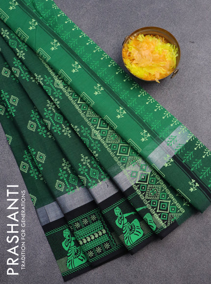 Chirala cotton saree green and black with butta prints and silver zari woven printed border