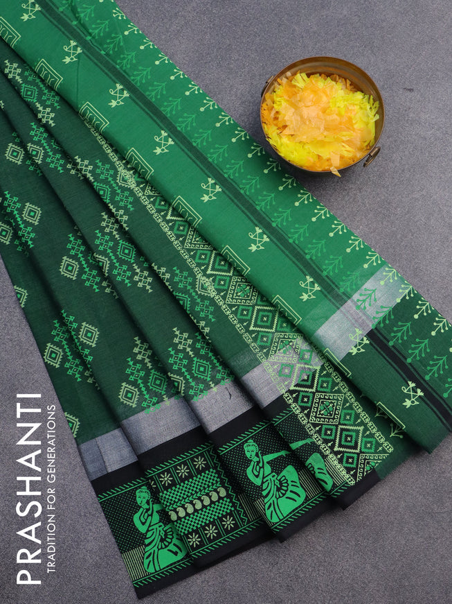 Chirala cotton saree green and black with butta prints and silver zari woven printed border