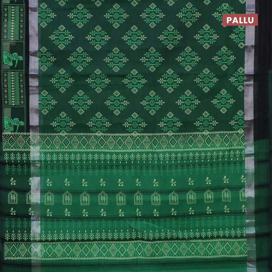 Chirala cotton saree green and black with butta prints and silver zari woven printed border