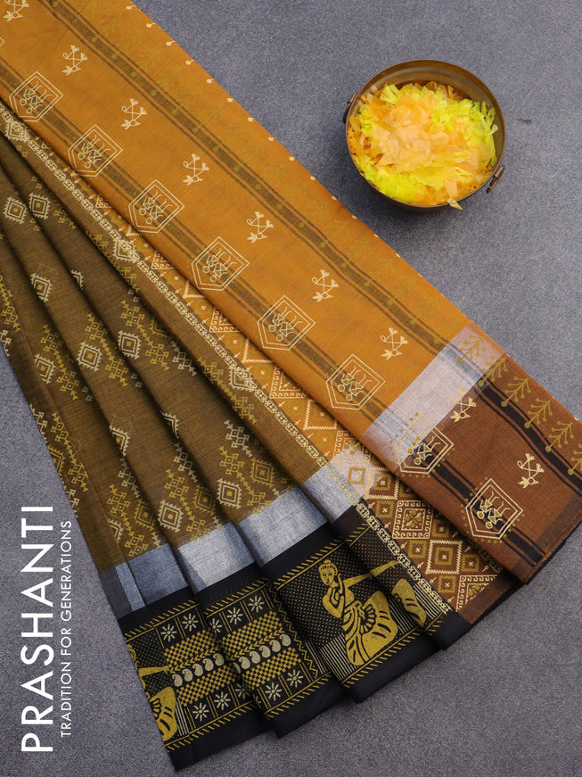 Chirala cotton saree dark mustard and black with butta prints and silver zari woven printed border