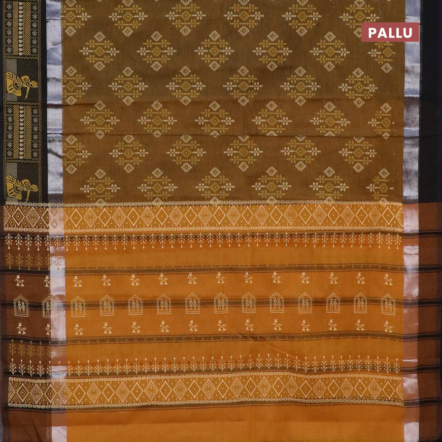 Chirala cotton saree dark mustard and black with butta prints and silver zari woven printed border