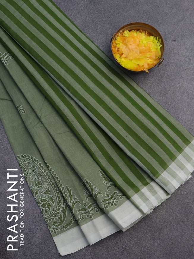 Chirala cotton saree sap green and off white with butta prints and simple border