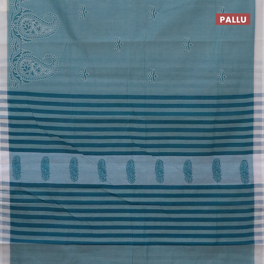 Chirala cotton saree teal blue shade and off white with butta prints and simple border