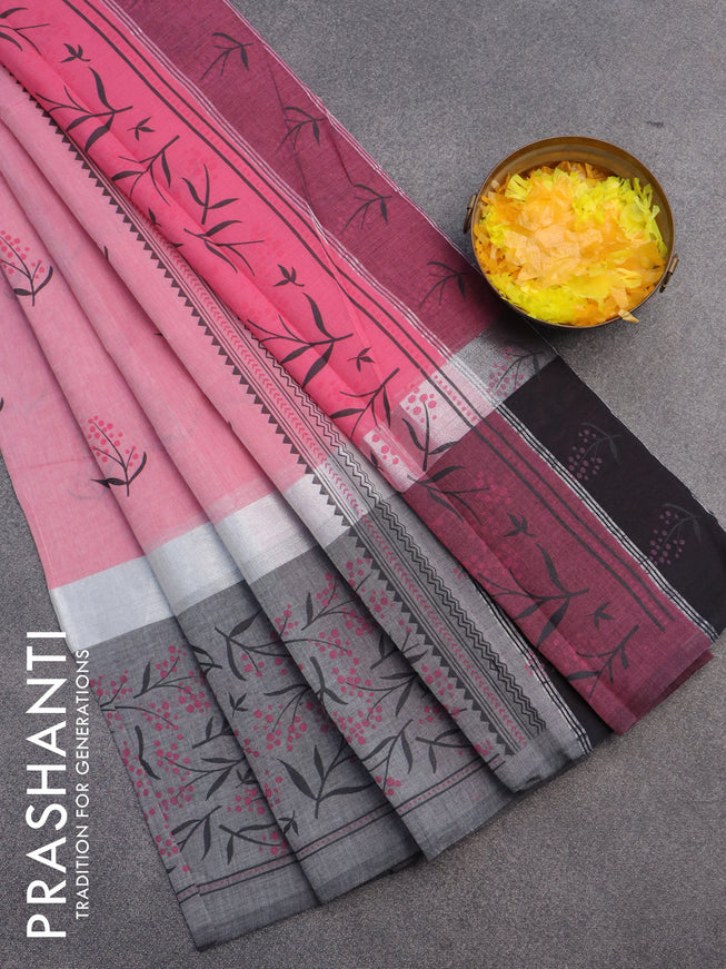 Chirala cotton saree light pink and elephant grey with butta prints and silver zari woven printed border