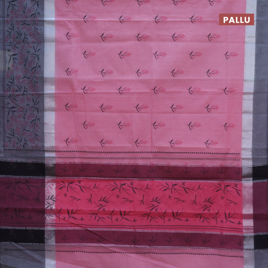 Chirala cotton saree light pink and elephant grey with butta prints and silver zari woven printed border